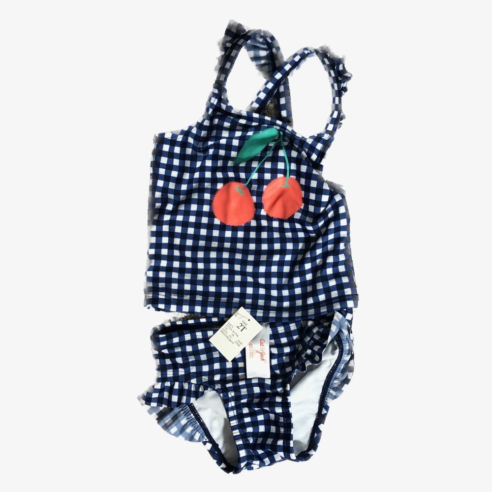 Cat & Jack Girls 2 Piece Bathing Suit Blue White Checkered Cherries Size 2T